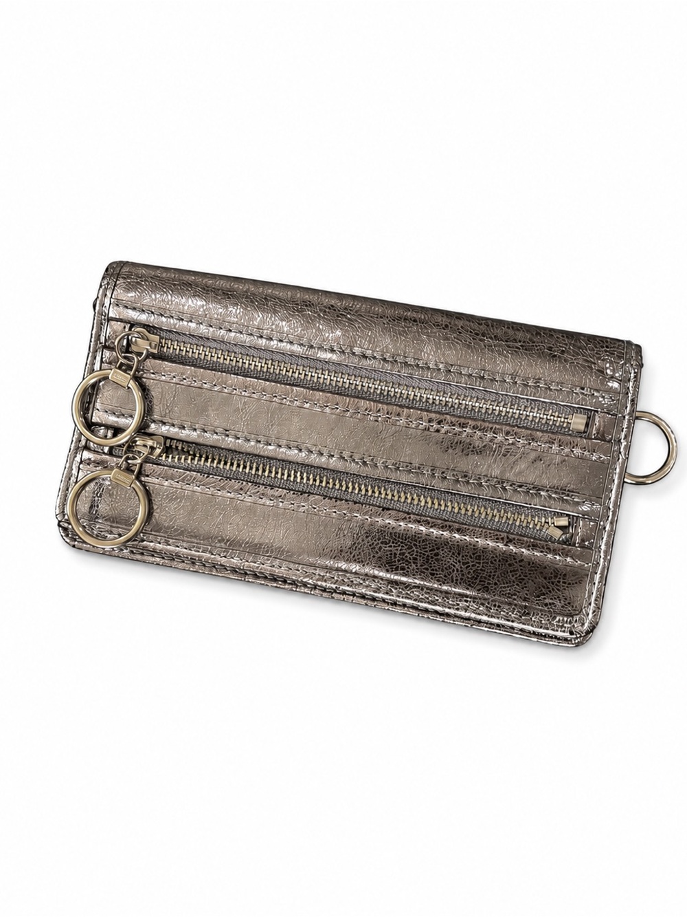 Coach Poppy Metallic Gunmetal Double Zip Card Wallet